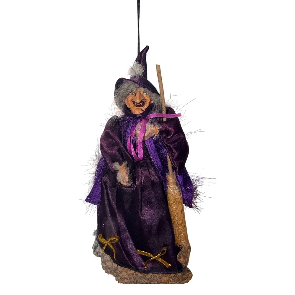 Gothic Halloween Decor Hanging Witch Purple Satin Dress Broom 12.5
